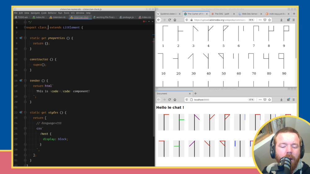 Screenshot of the Twich session with an IDE on the left, the browser on the right, and my webcam in the bottom right corner