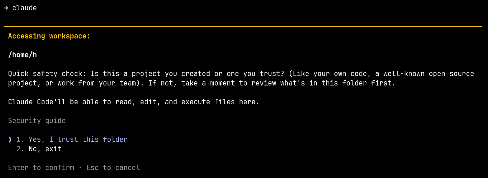 Screenshot of Claude Code safety warning when opening the home directory, asking if you trust this folder and warning that it will be able to read, edit, and execute files