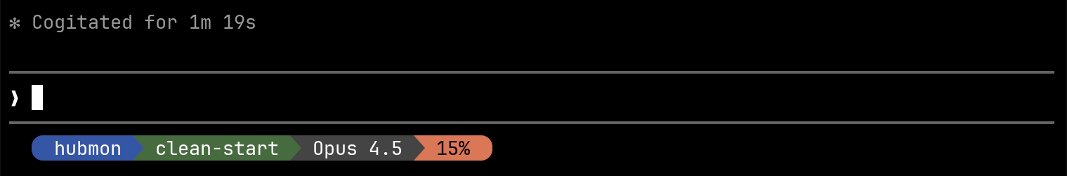 Screenshot of the Claude Code statusline showing folder, branch, model and context percentage