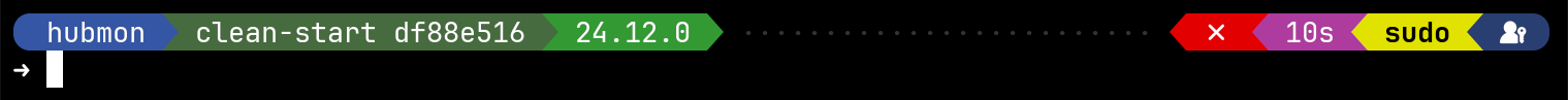 Screenshot of Starship prompt showing folder name in green, git branch, commit hash, Node version, and on the right side: error indicator, command duration, sudo mode, and 1Password status
