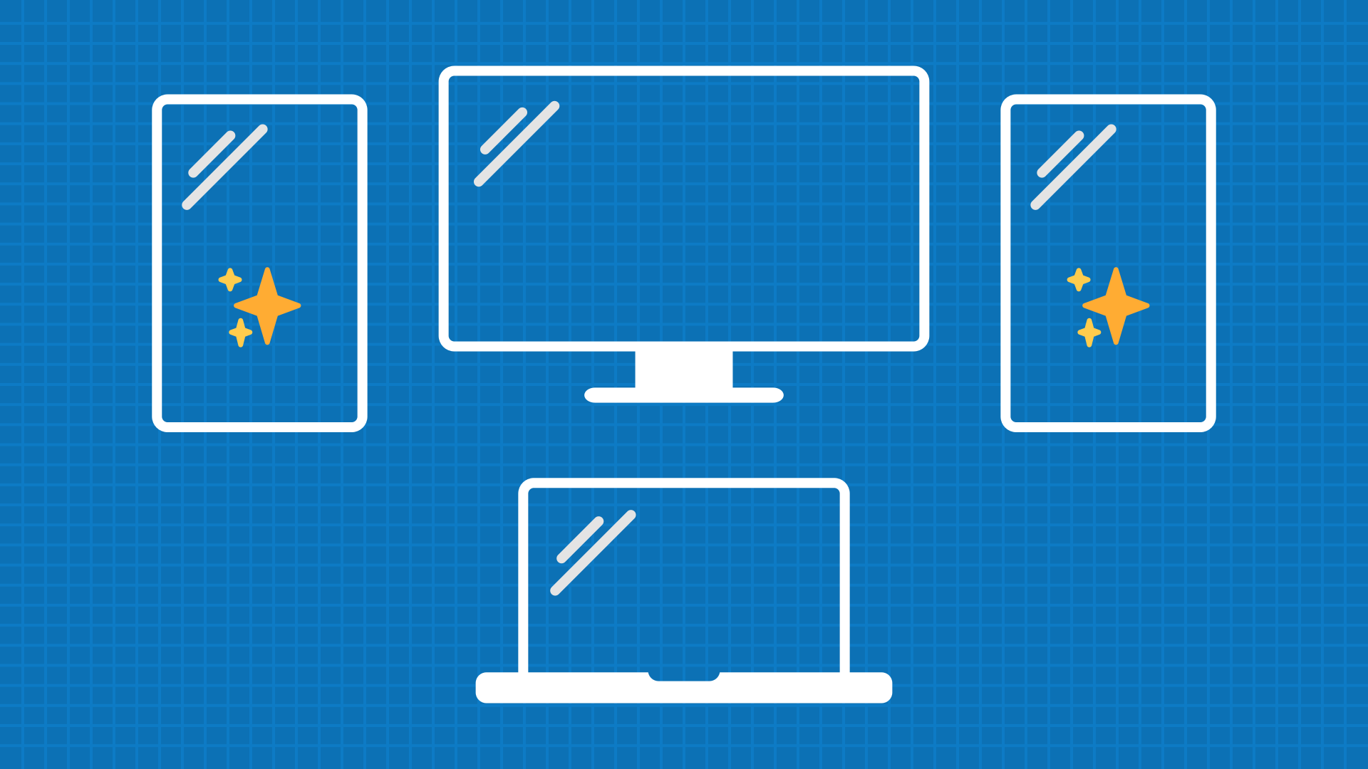 Four-monitor setup showing a laptop screen, desktop monitor above it, and two vertical portable monitors on the sides, creating an extended workspace