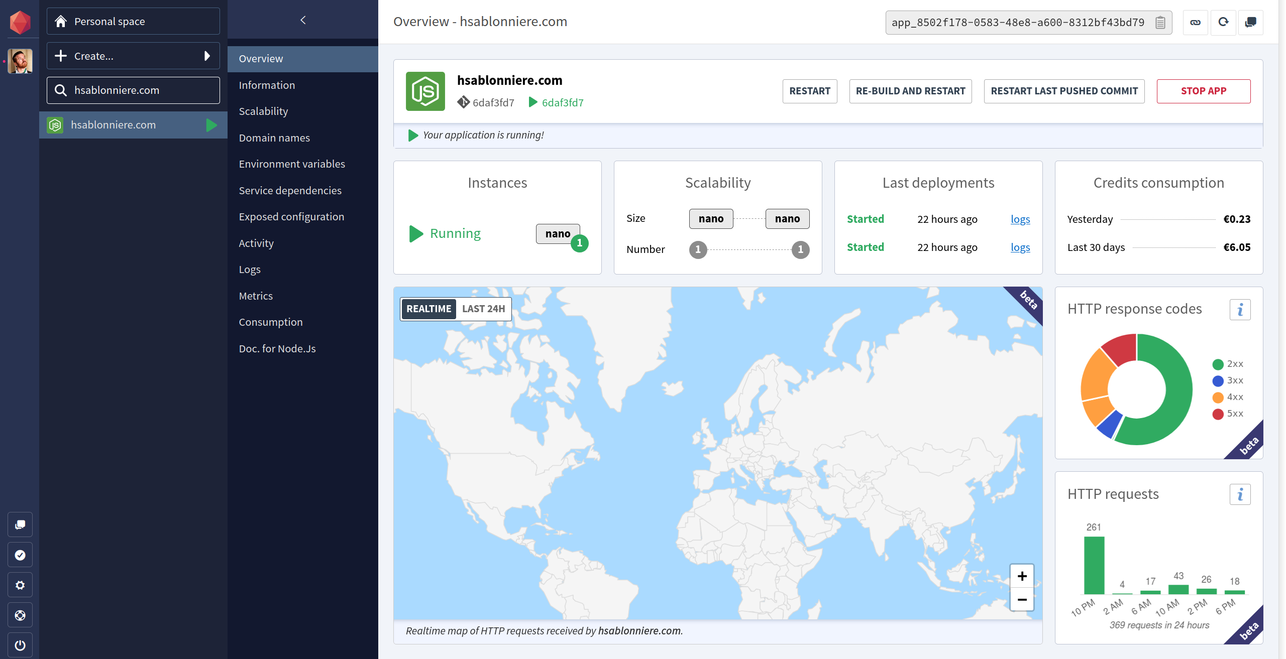 Capture d’écran de la console web de Clever Cloud affichant la vue d’ensemble d’une application Node.js